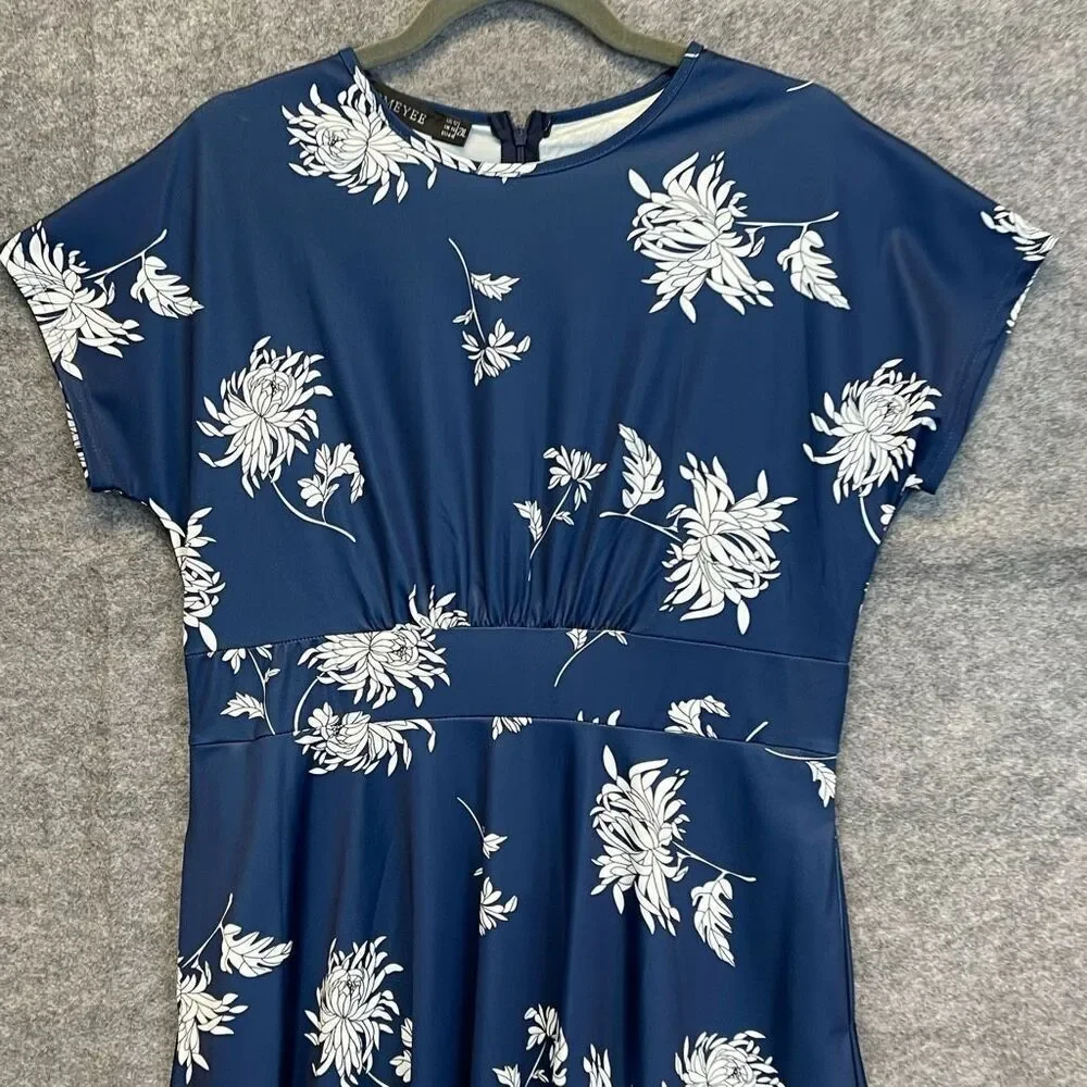 HOMEYEE Dress Size 2XL Blue White Floral Round Neck Midi A-Line Pleated Swing - Picture 2 of 16